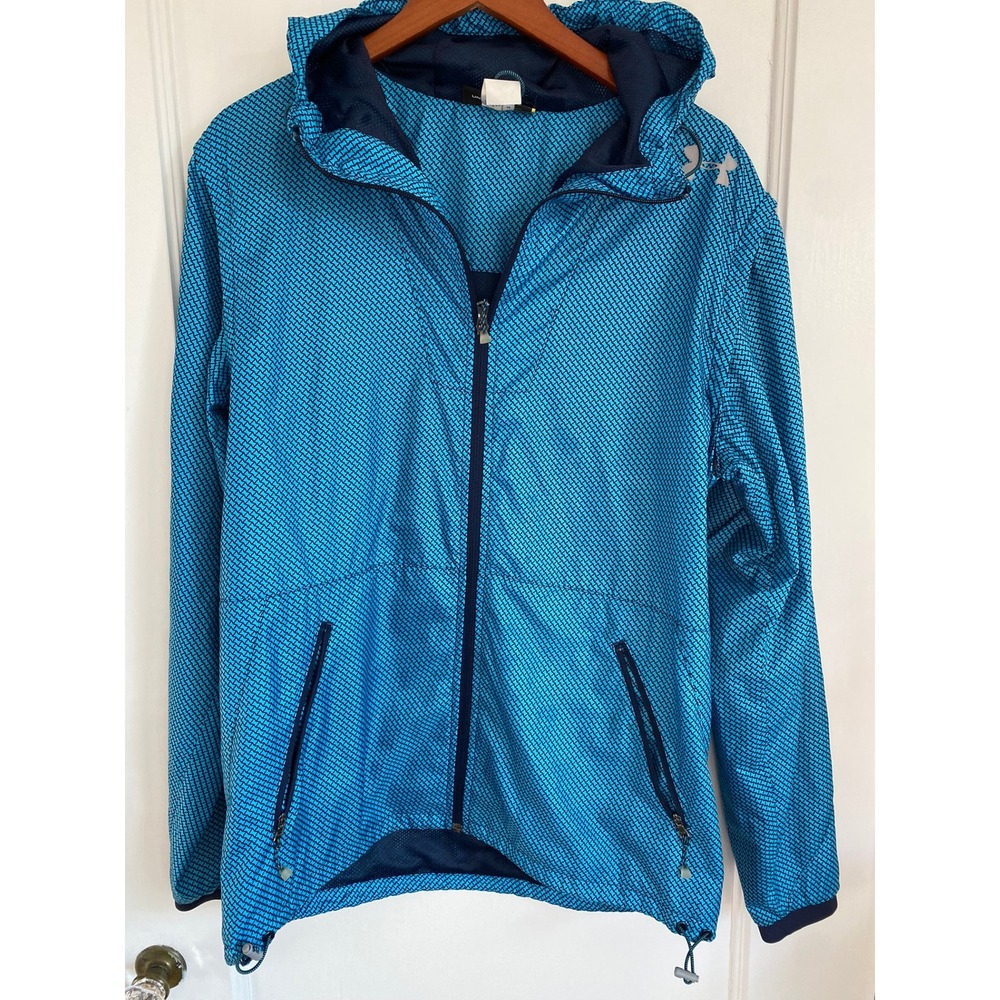 Under Armour Jacket Womens Medium Blue Geo Hooded Windbreaker Fitted Full Zip